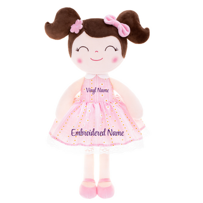 Personalized Plush Doll – Dark Brown Hair with a Pastel Pink Dress