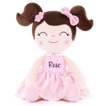 Personalized Plush Doll – Dark Brown Hair with a Pastel Pink Dress