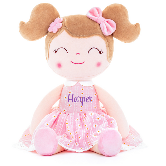 Personalized Plush Doll – Light Brown Hair with a Pastel Pink Dress