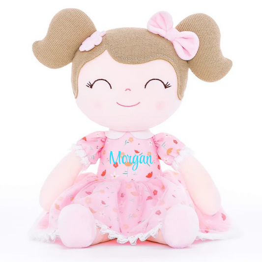 Personalized Plush Doll – Light Brown Hair with a Pink Floral Dress