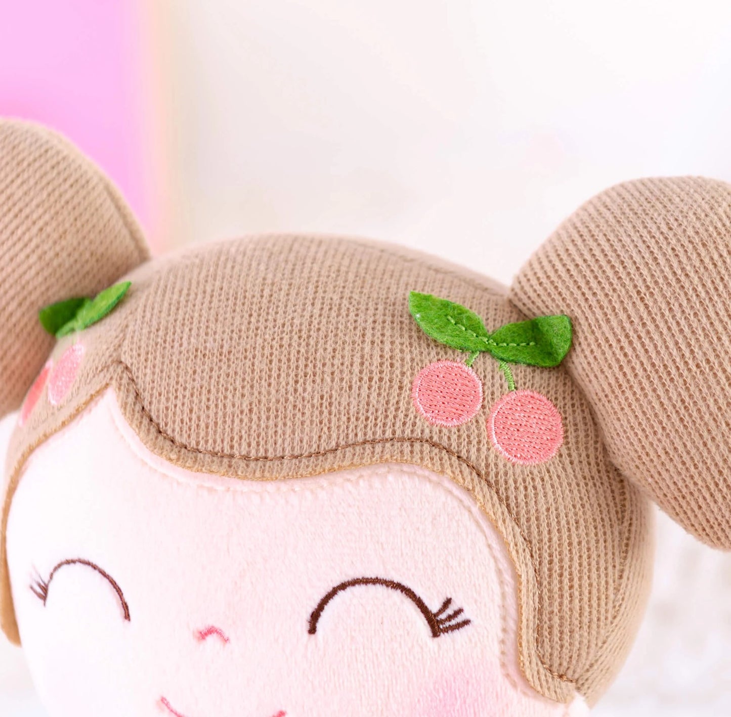 Personalized Plush Doll – Light Brown Hair with a Pink Cherry Dress