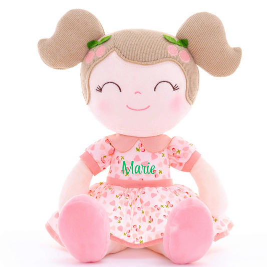 Personalized Plush Doll – Light Brown Hair with a Pink Cherry Dress