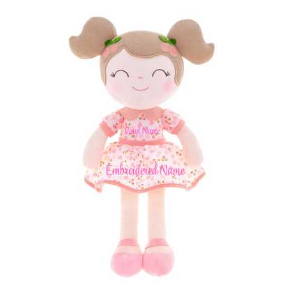 Personalized Plush Doll – Light Brown Hair with a Pink Cherry Dress