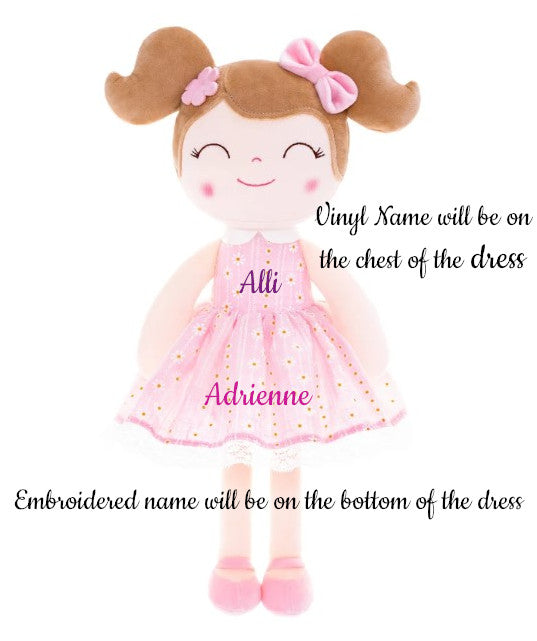 Personalized Plush Doll – Light Brown Hair with a Pastel Pink Dress