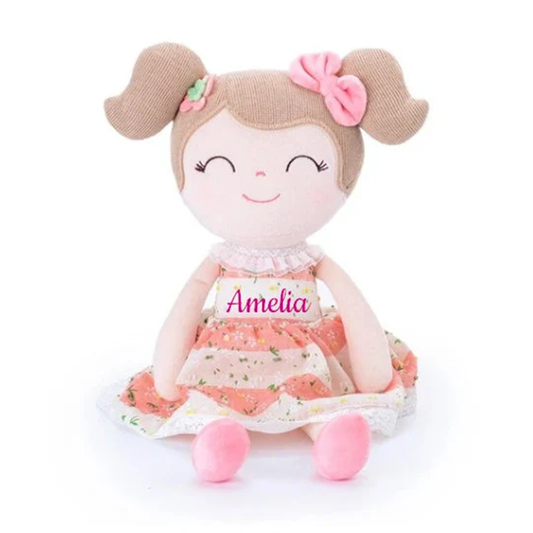 Personalized Plush Doll – Light Brown Hair with a Coral Stripe Dress