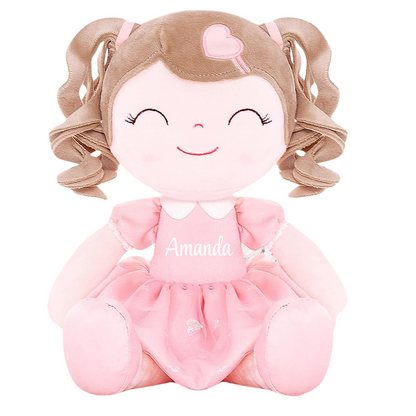 Personalized Plush Doll – Light Brown Curly Hair with a Pink Dress