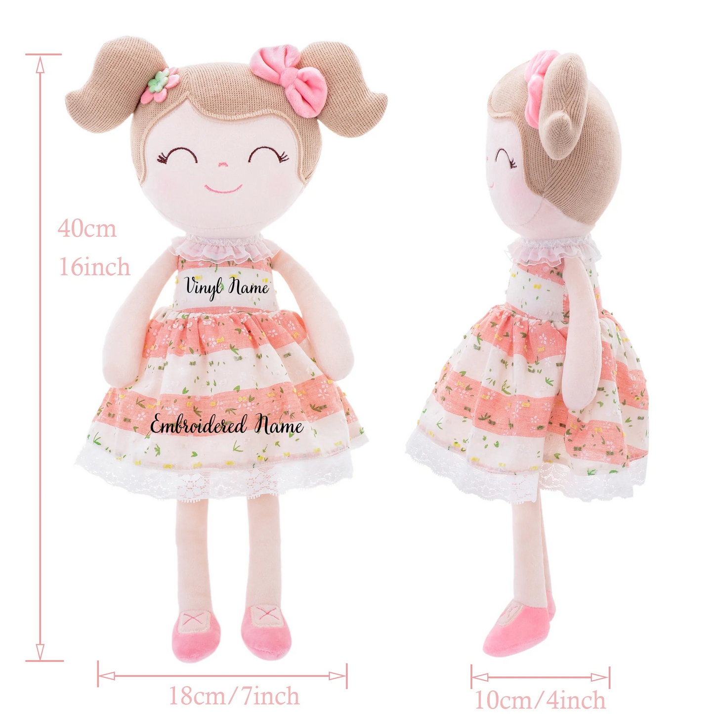 Personalized Plush Doll – Light Brown Hair with a Coral Stripe Dress