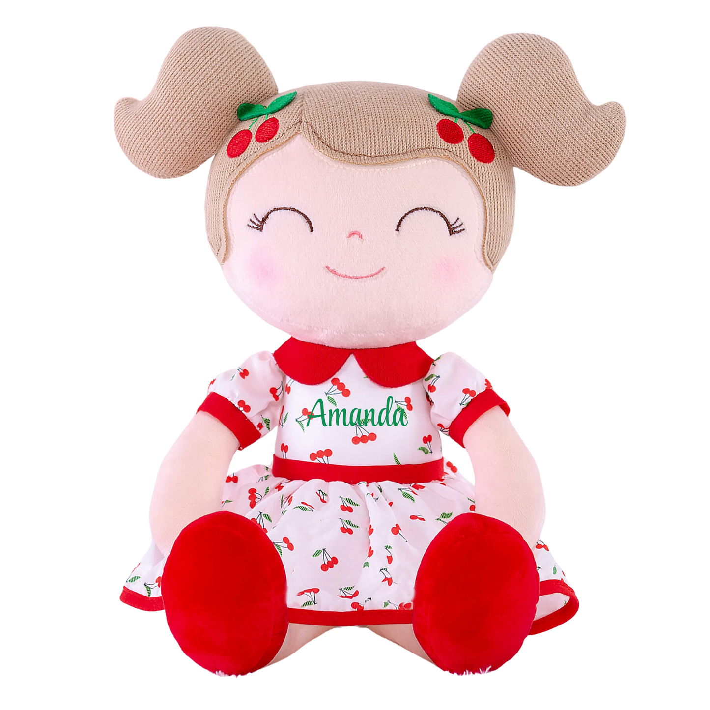 Personalized Plush Doll – Light Brown Hair with a Red Cherry Dress