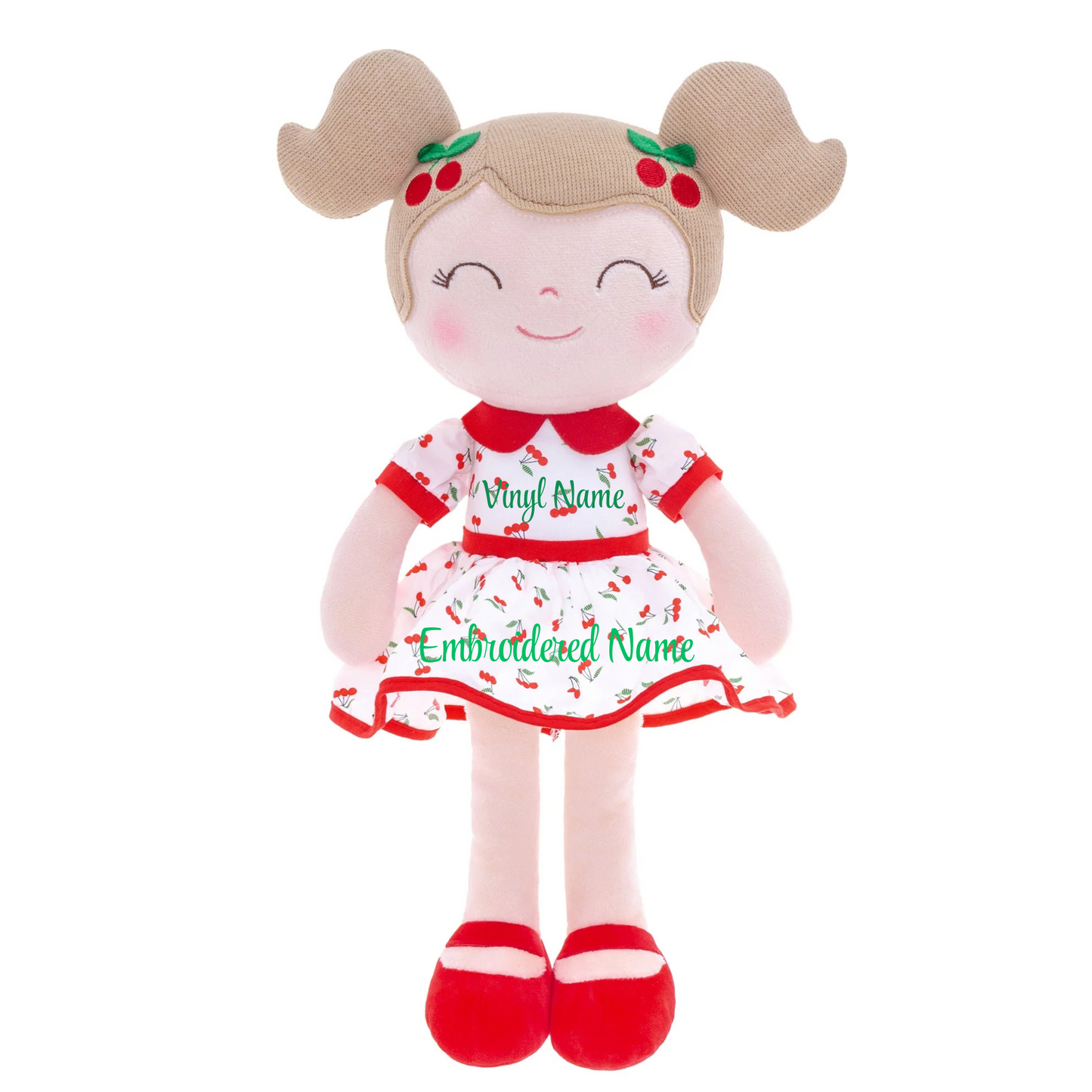 Personalized Plush Doll – Light Brown Hair with a Red Cherry Dress