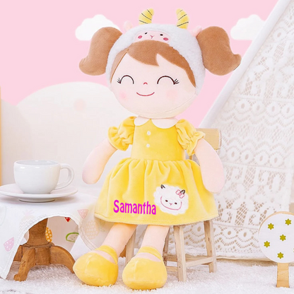 Personalized Plush Sheep Doll – Light Brown Hair with a Yellow Dress