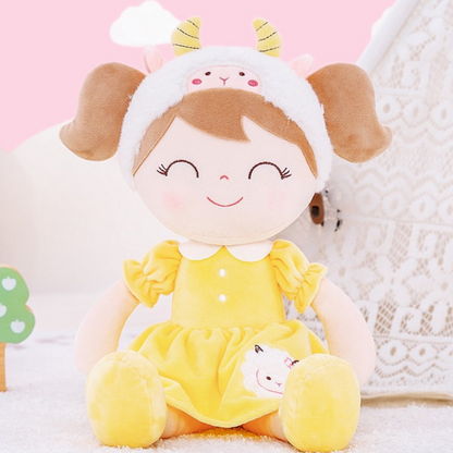 Personalized Plush Sheep Doll – Light Brown Hair with a Yellow Dress