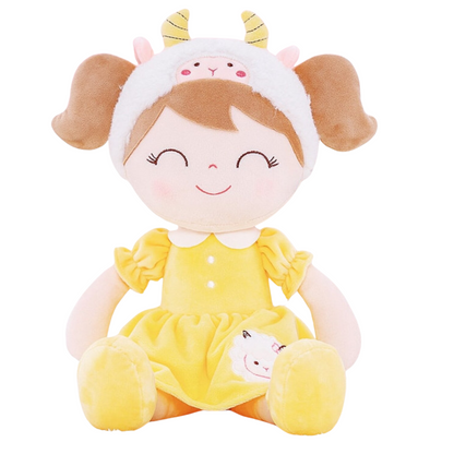 Personalized Plush Sheep Doll – Light Brown Hair with a Yellow Dress