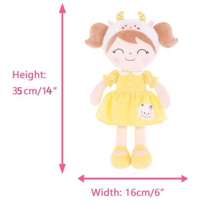 Personalized Plush Sheep Doll – Light Brown Hair with a Yellow Dress