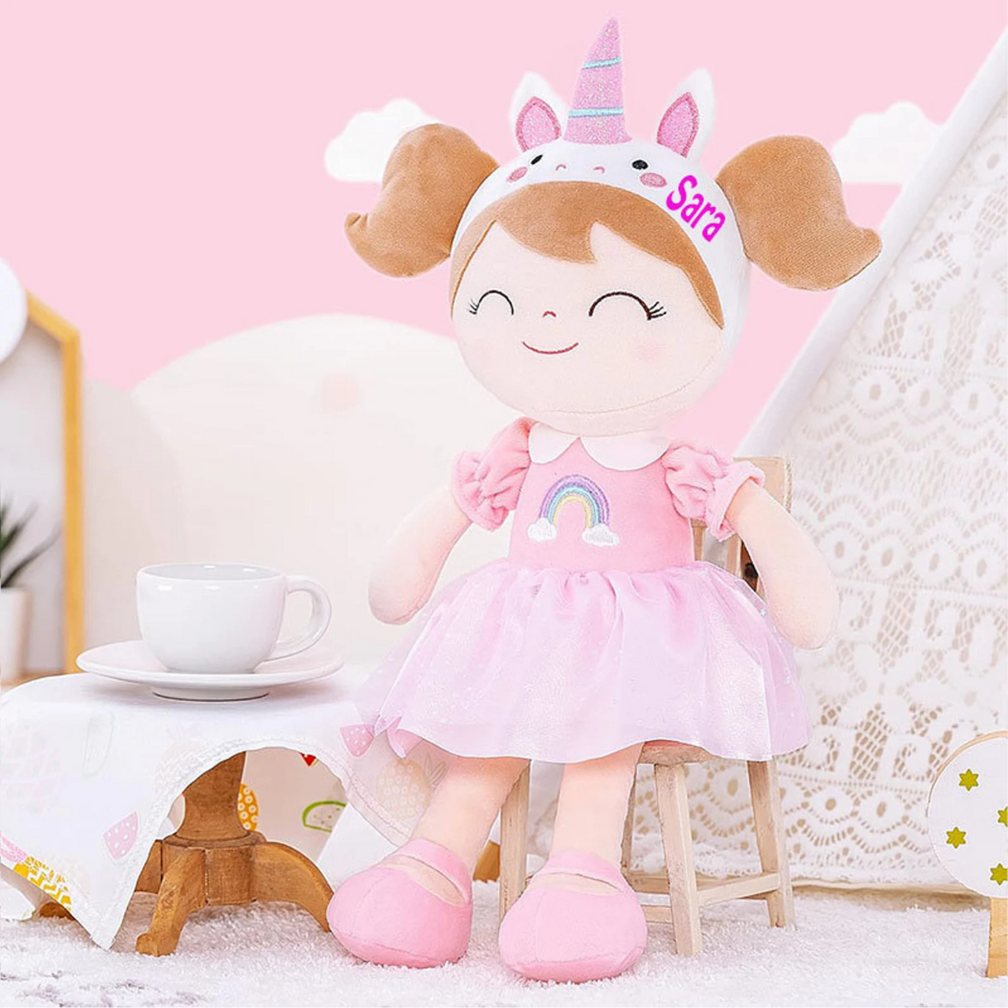 Personalized Plush Unicorn Doll – Light Brown Hair with a Pink Rainbow Dress