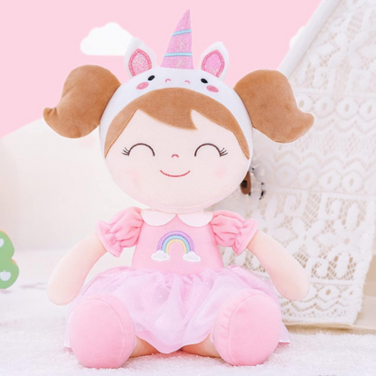 Personalized Plush Unicorn Doll – Light Brown Hair with a Pink Rainbow Dress