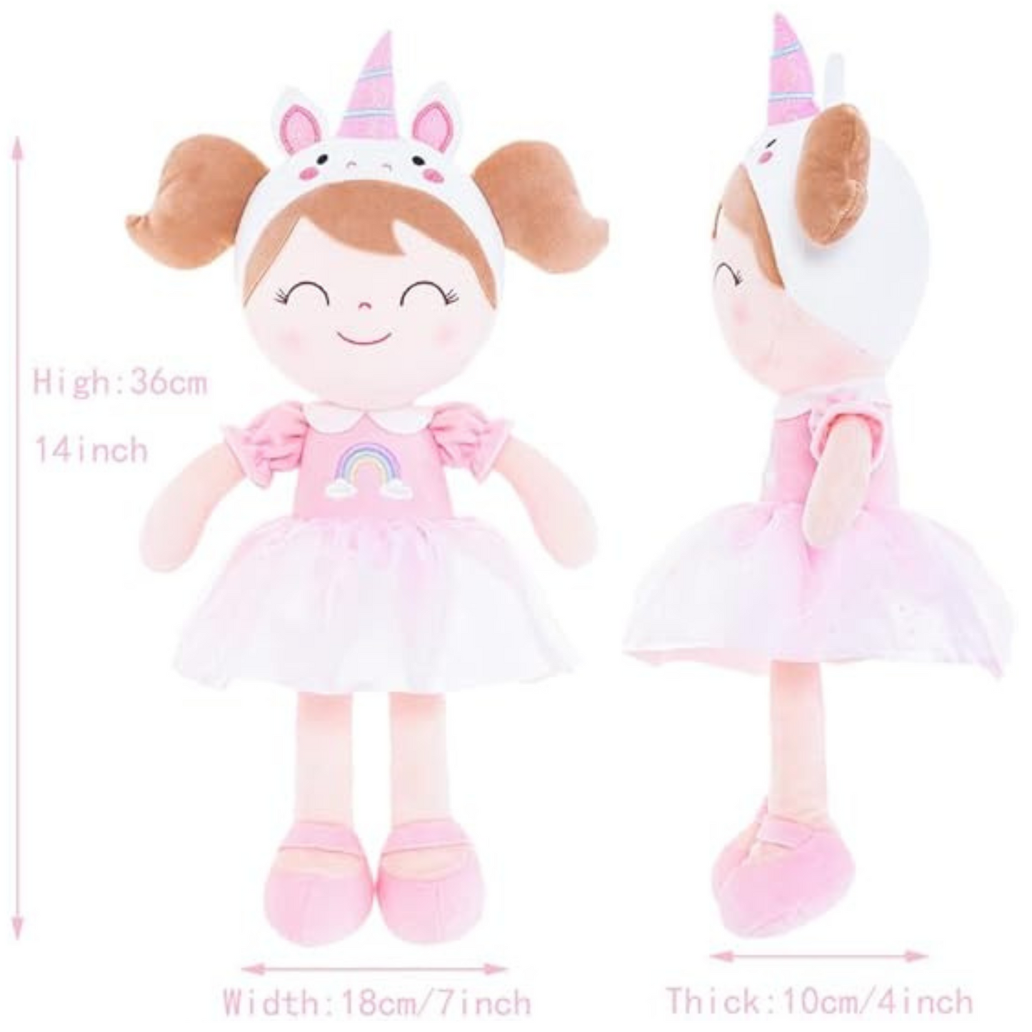 Personalized Plush Unicorn Doll – Light Brown Hair with a Pink Rainbow Dress