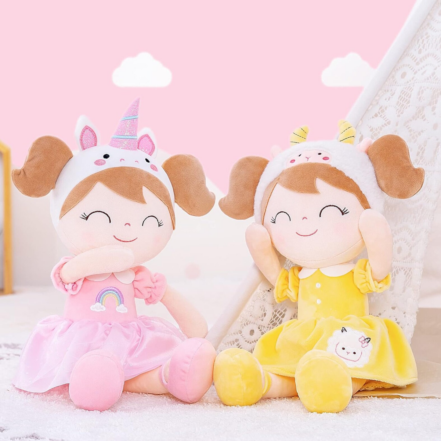 Personalized Plush Sheep Doll – Light Brown Hair with a Yellow Dress