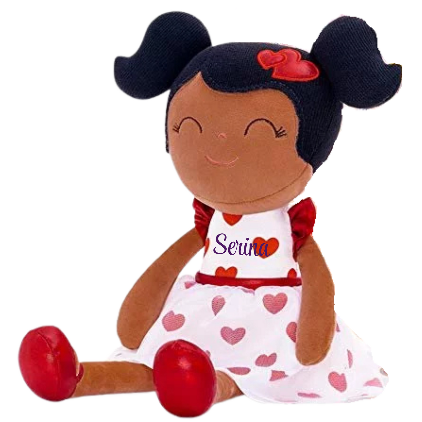 Personalized African American Plush Doll – Black Hair with a Red Heart Dress