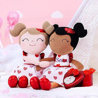 Personalized Plush Doll – Light Brown Hair with a Red Heart Dress