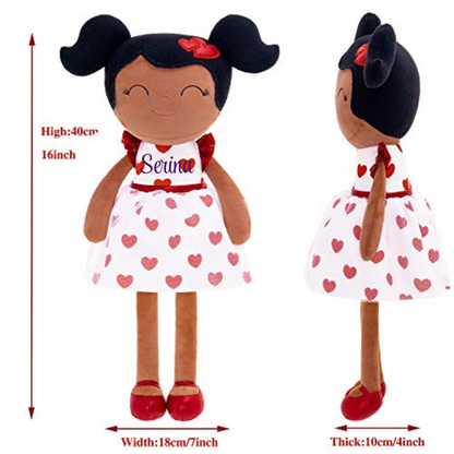 Personalized African American Plush Doll – Black Hair with a Red Heart Dress