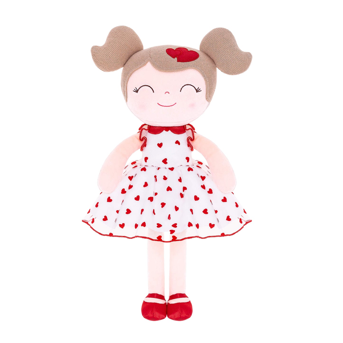 Personalized Plush Doll – Light Brown Hair with a Red Heart Dress