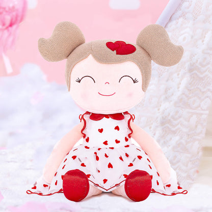 Personalized Plush Doll – Light Brown Hair with a Red Heart Dress