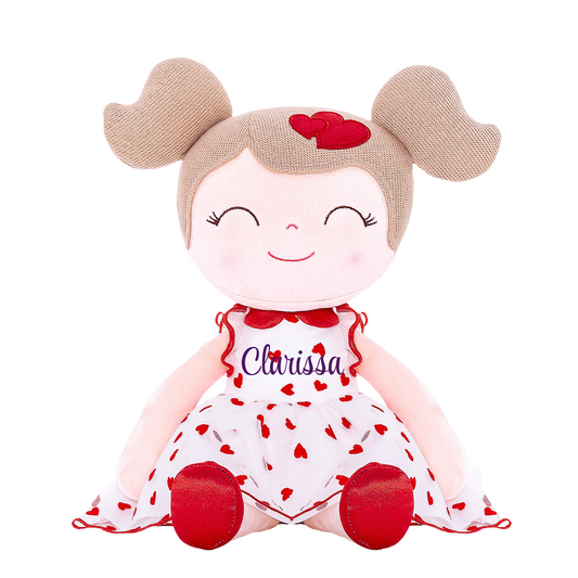 Personalized Plush Doll – Light Brown Hair with a Red Heart Dress