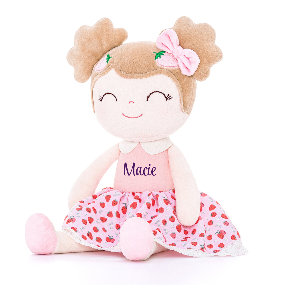 Personalized Plush Doll – Light Brown Hair with a Strawberry Dress