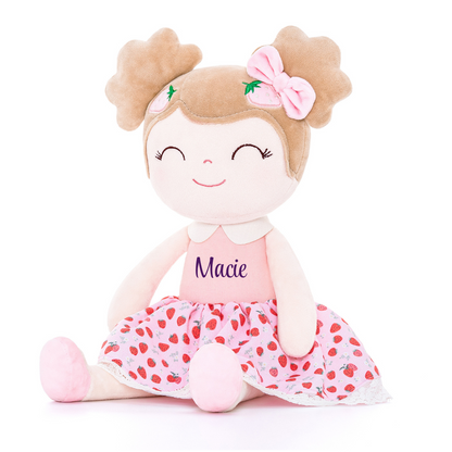 Personalized Plush Doll – Light Brown Hair with a Strawberry Dress