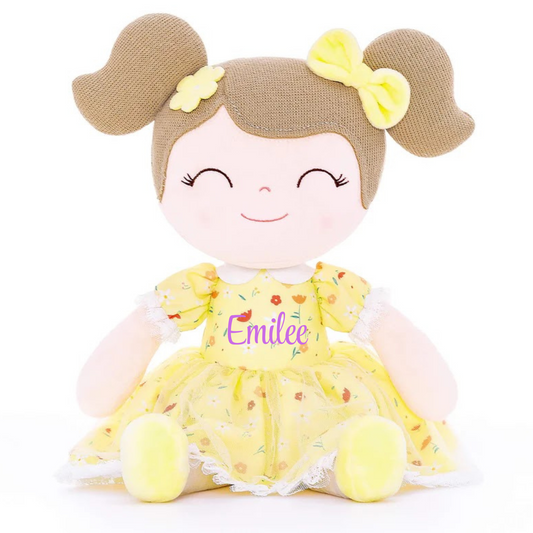 Personalized Plush Doll – Light Brown Hair with a Yellow Floral Dress