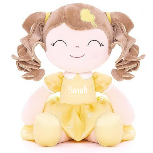 Personalized Plush Doll – Light Brown Curly Hair with a Yellow Dress