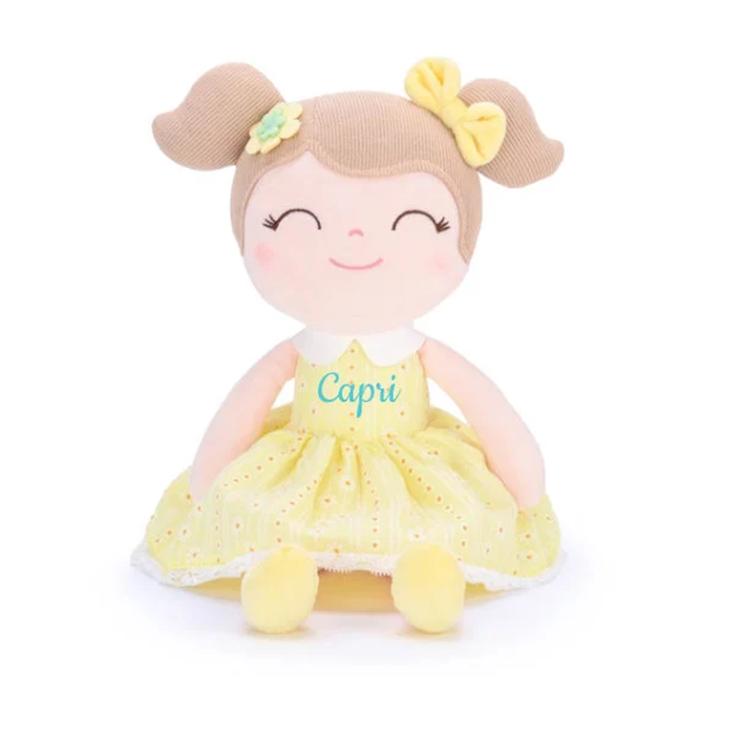 Personalized Plush Doll – Light Brown Hair with a Yellow Dress