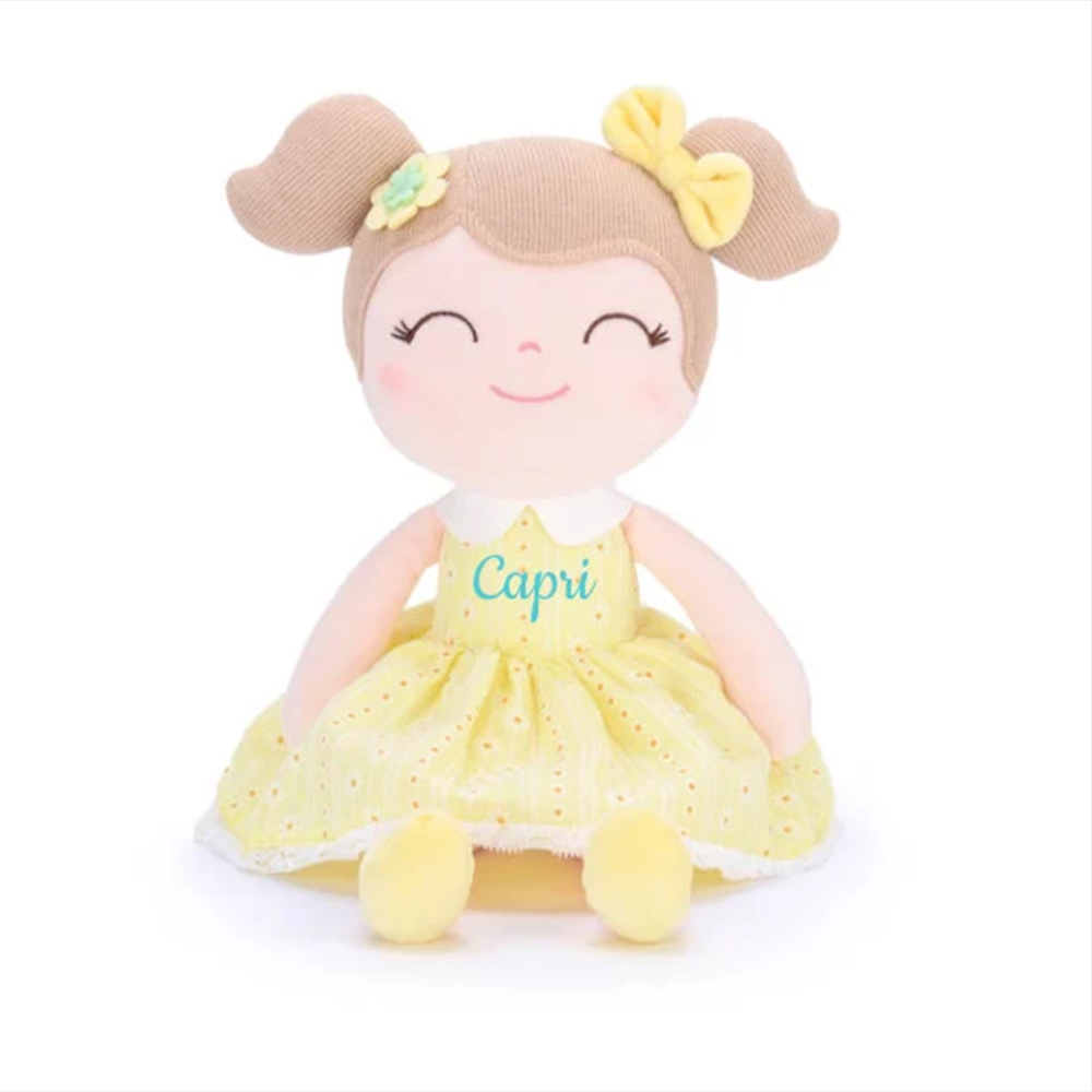 Personalized Plush Doll – Light Brown Hair with a Yellow Dress