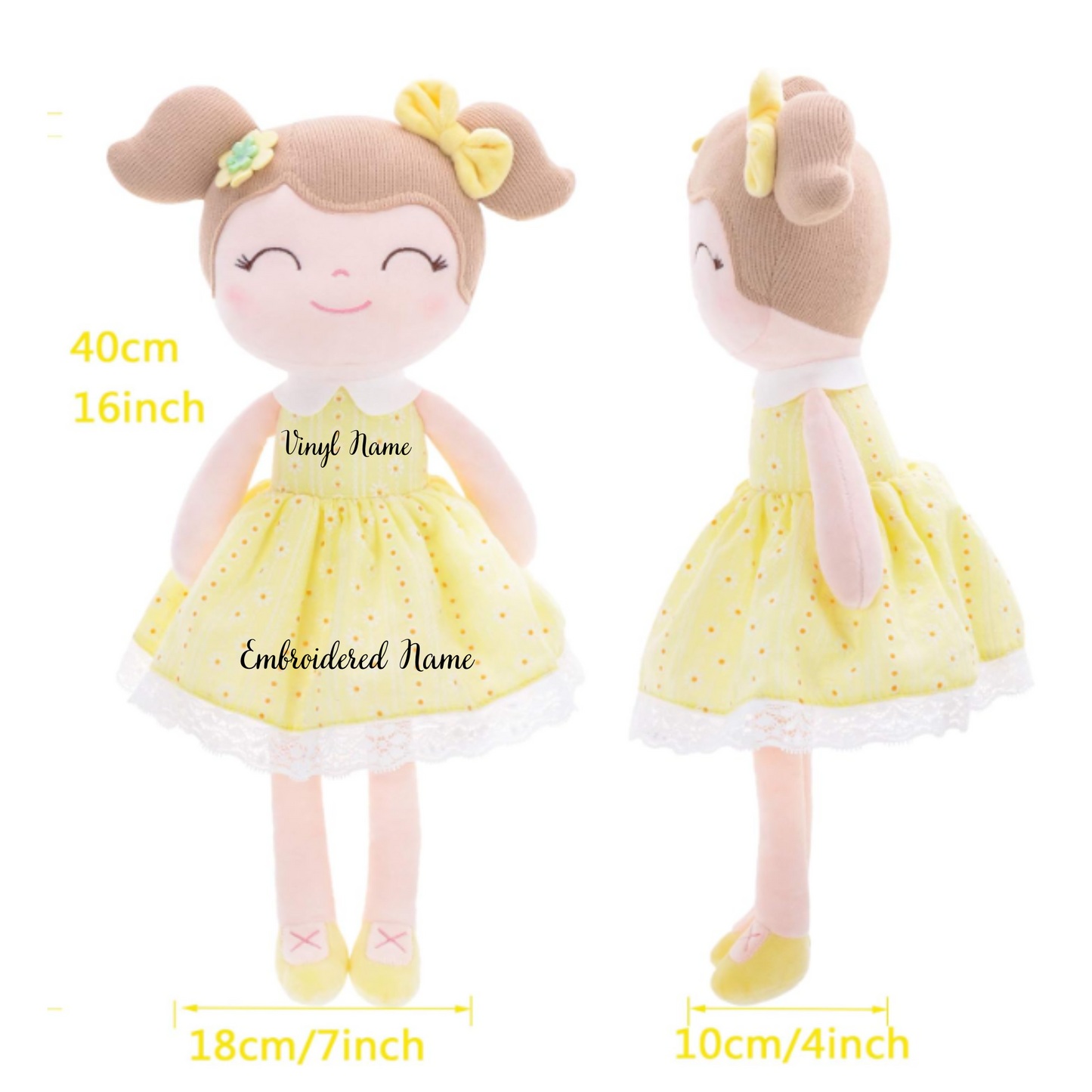 Personalized Plush Doll – Light Brown Hair with a Yellow Dress