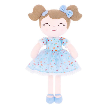 Personalized Plush Doll – Light Brown Hair with a Blue Floral Dress