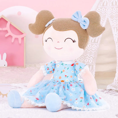 Personalized Plush Doll – Light Brown Hair with a Blue Floral Dress