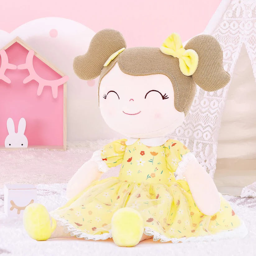 Personalized Plush Doll – Light Brown Hair with a Yellow Floral Dress