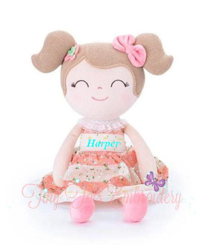 Personalized Plush Doll – Light Brown Hair with a Coral Stripe Dress