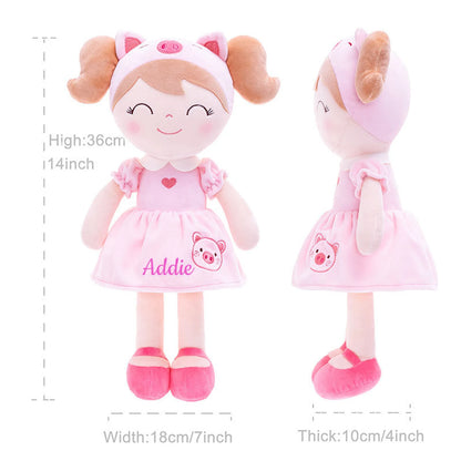 Personalized Plush Pig Doll – Light Brown Hair with a Pink Dress