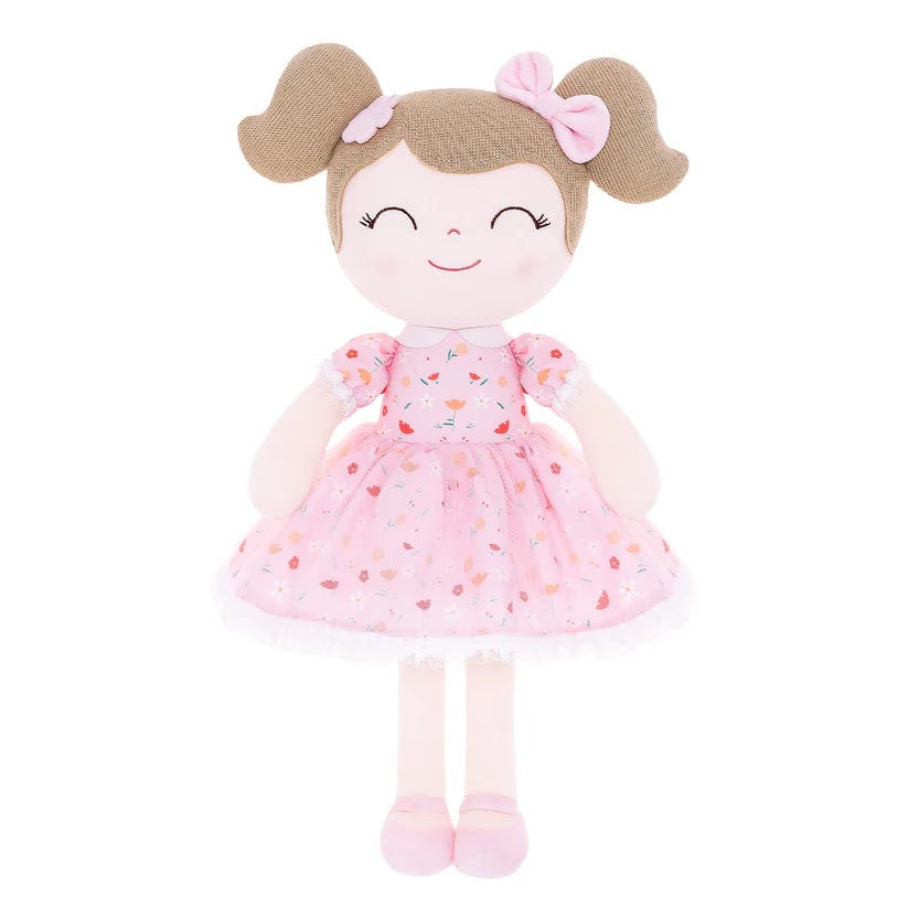 Personalized Plush Doll – Light Brown Hair with a Pink Floral Dress