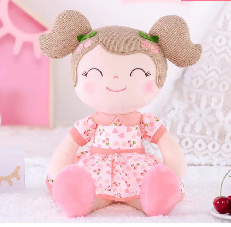 Personalized Plush Doll – Light Brown Hair with a Pink Cherry Dress