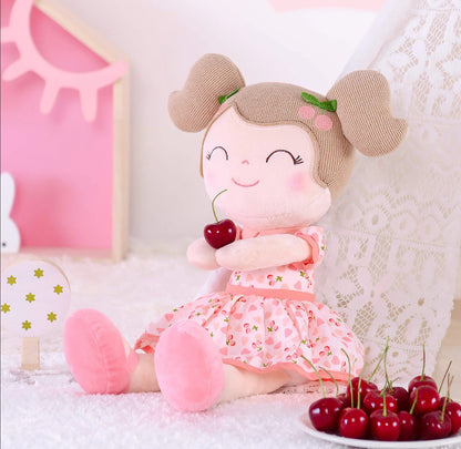 Personalized Plush Doll – Light Brown Hair with a Pink Cherry Dress