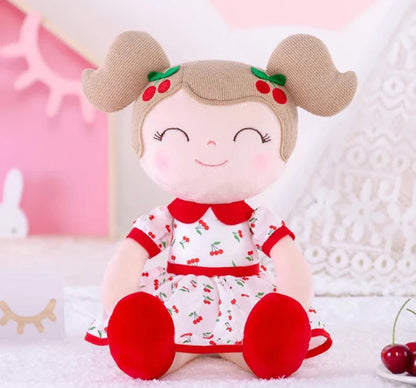 Personalized Plush Doll – Light Brown Hair with a Red Cherry Dress